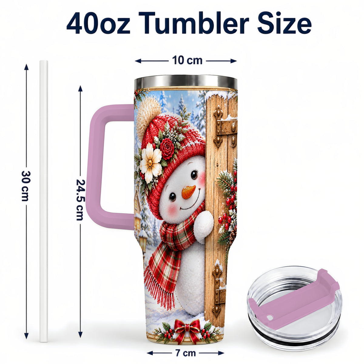 #pl[40oz|Pink] Snowman 40oz Tumbler with Handle, Cottage Stainless Steel Travel Cup