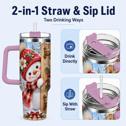 #pl[40oz|Pink] Snowman 40oz Tumbler with Handle, Cottage Stainless Steel Travel Cup