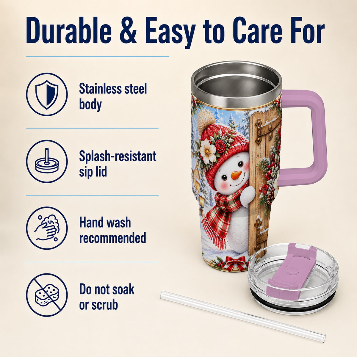 #pl[40oz|Pink] Snowman 40oz Tumbler with Handle, Cottage Stainless Steel Travel Cup