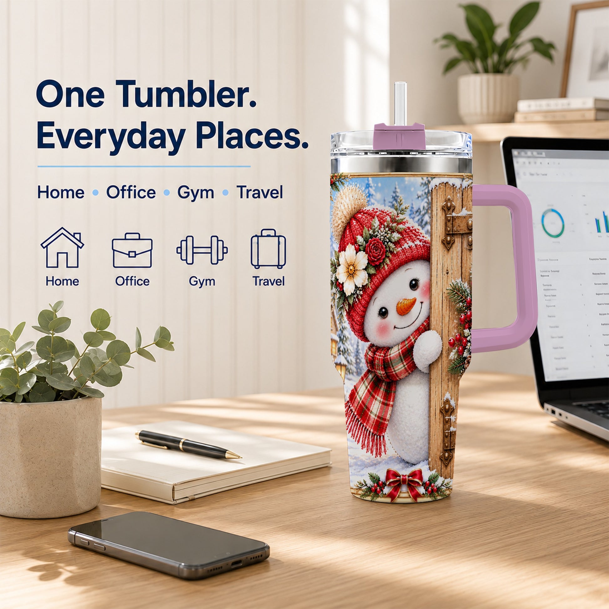 #pl[40oz|Pink] Snowman 40oz Tumbler with Handle, Cottage Stainless Steel Travel Cup