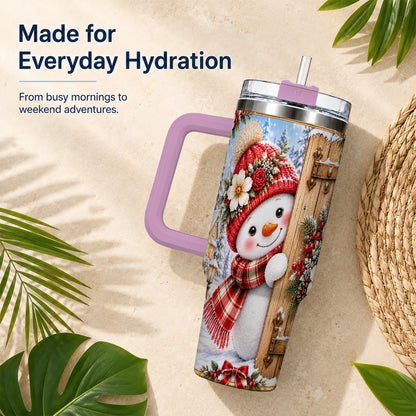 #pl[40oz|Pink] Snowman 40oz Tumbler with Handle, Cottage Stainless Steel Travel Cup