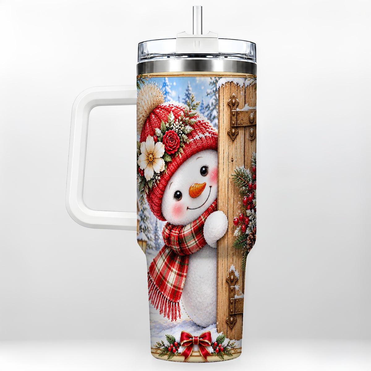 Snowman 40oz Tumbler with Handle, Cottage Stainless Steel Travel Cup