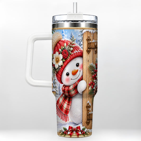 Snowman 40oz Tumbler with Handle, Cottage Stainless Steel Travel Cup