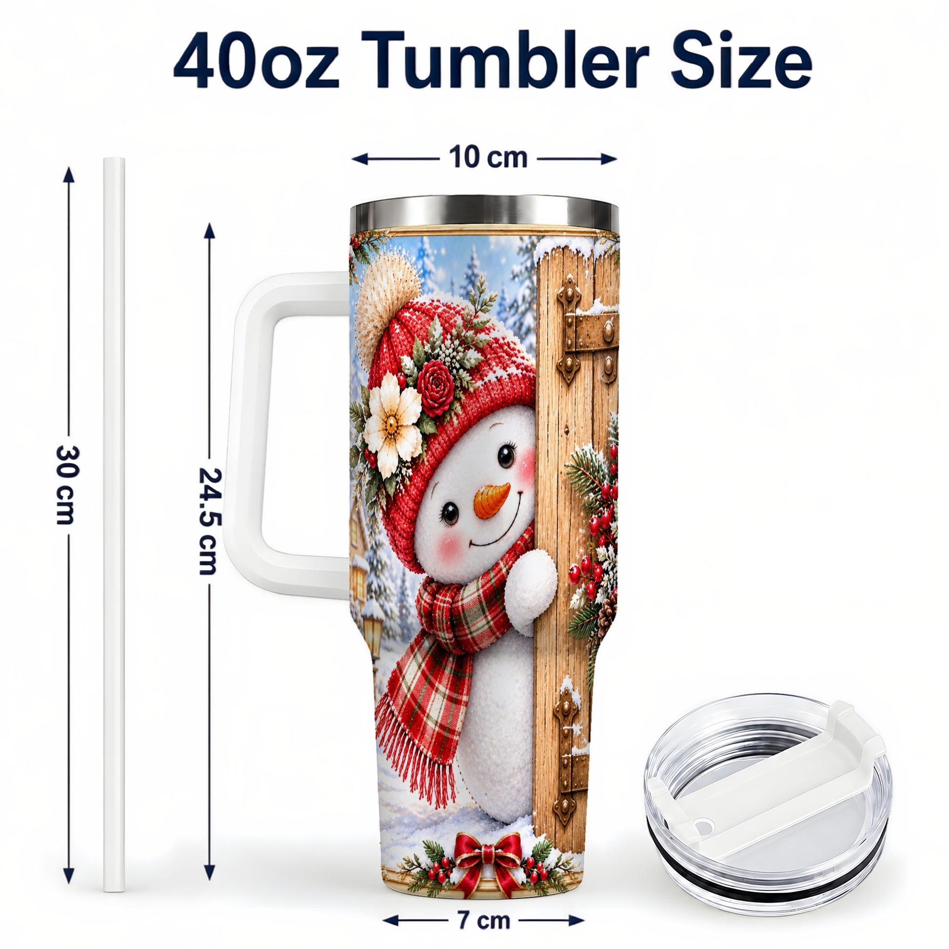 #pl[40oz|White] Snowman 40oz Tumbler with Handle, Cottage Stainless Steel Travel Cup