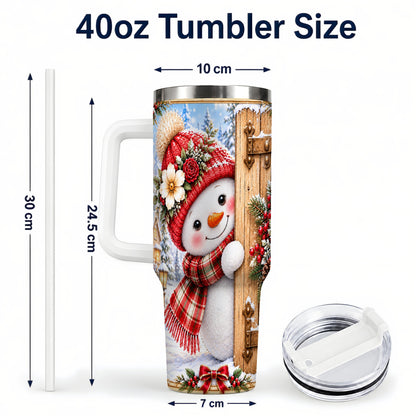 #pl[40oz|White] Snowman 40oz Tumbler with Handle, Cottage Stainless Steel Travel Cup
