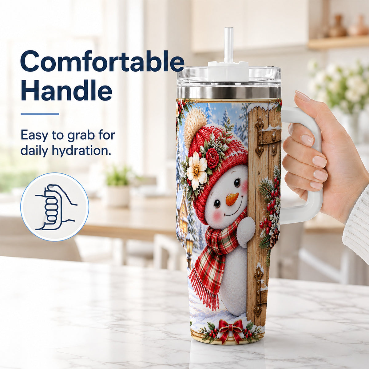 #pl[40oz|White] Snowman 40oz Tumbler with Handle, Cottage Stainless Steel Travel Cup