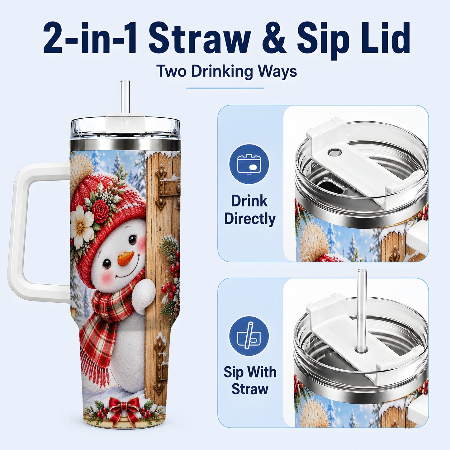 #pl[40oz|White] Snowman 40oz Tumbler with Handle, Cottage Stainless Steel Travel Cup