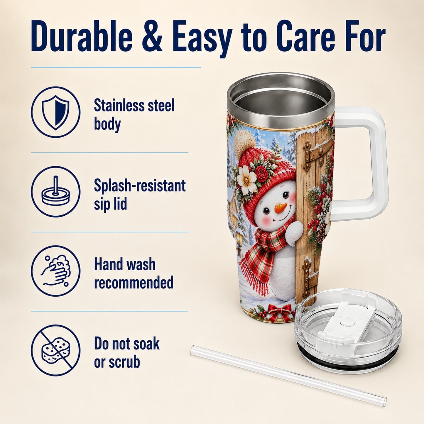 #pl[40oz|White] Snowman 40oz Tumbler with Handle, Cottage Stainless Steel Travel Cup