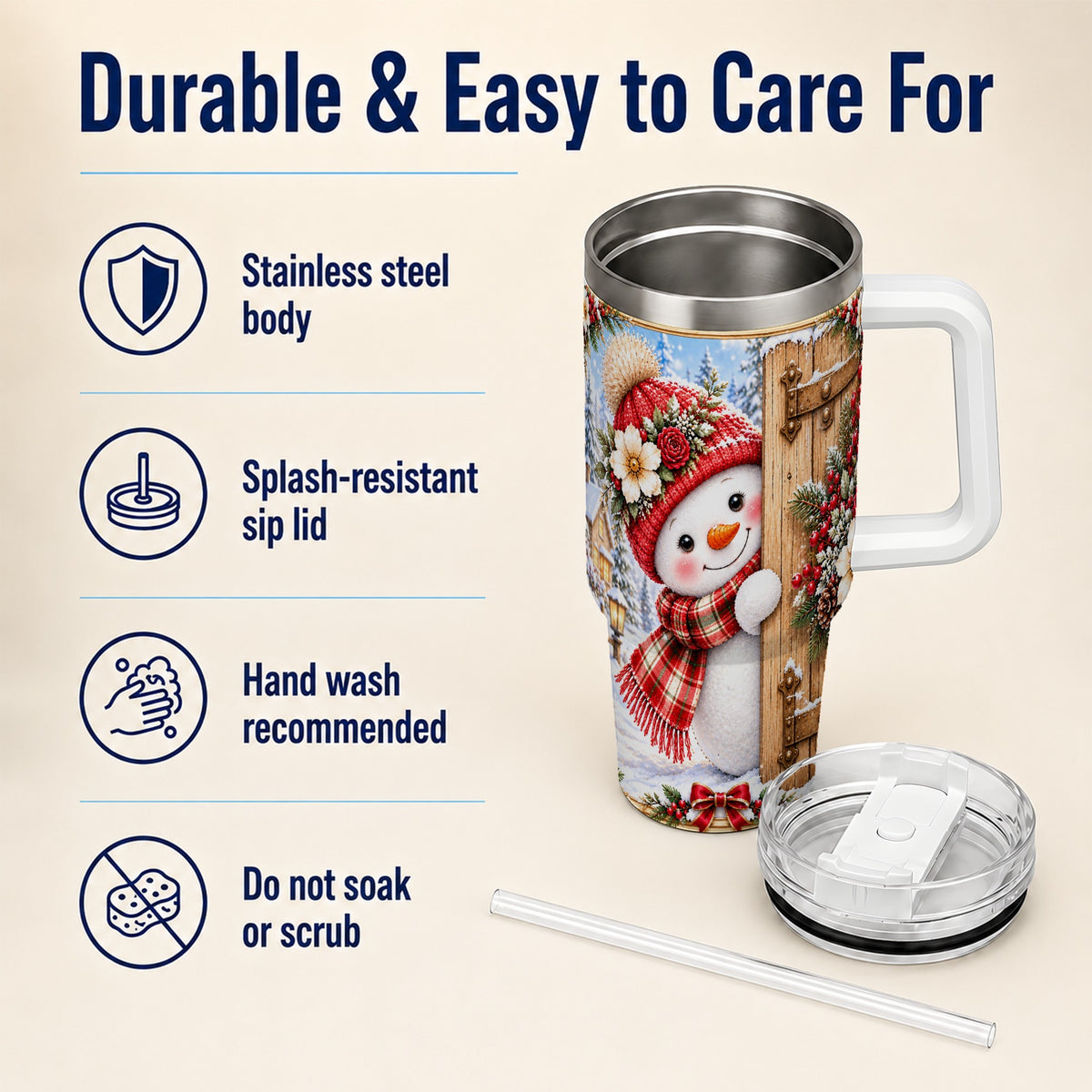 #pl[40oz|White] Snowman 40oz Tumbler with Handle, Cottage Stainless Steel Travel Cup