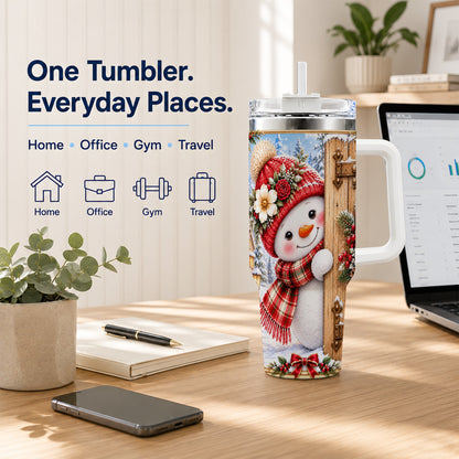 #pl[40oz|White] Snowman 40oz Tumbler with Handle, Cottage Stainless Steel Travel Cup