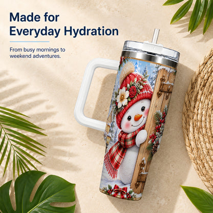 #pl[40oz|White] Snowman 40oz Tumbler with Handle, Cottage Stainless Steel Travel Cup