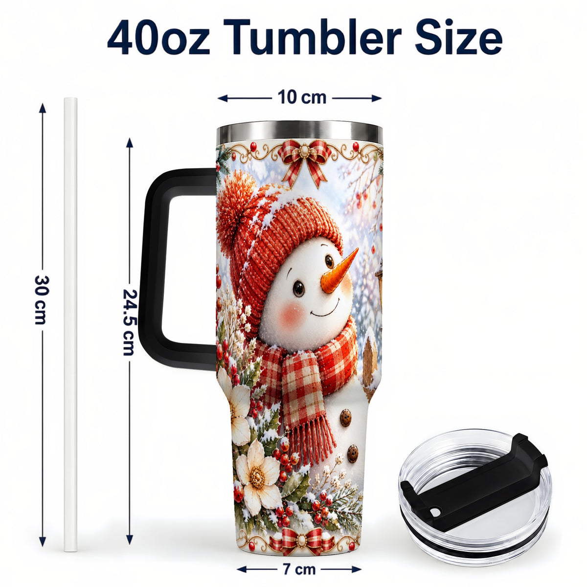#pl[40oz|Black] Snowman 40oz Tumbler with Handle, Winter Lantern Stainless Steel Cup
