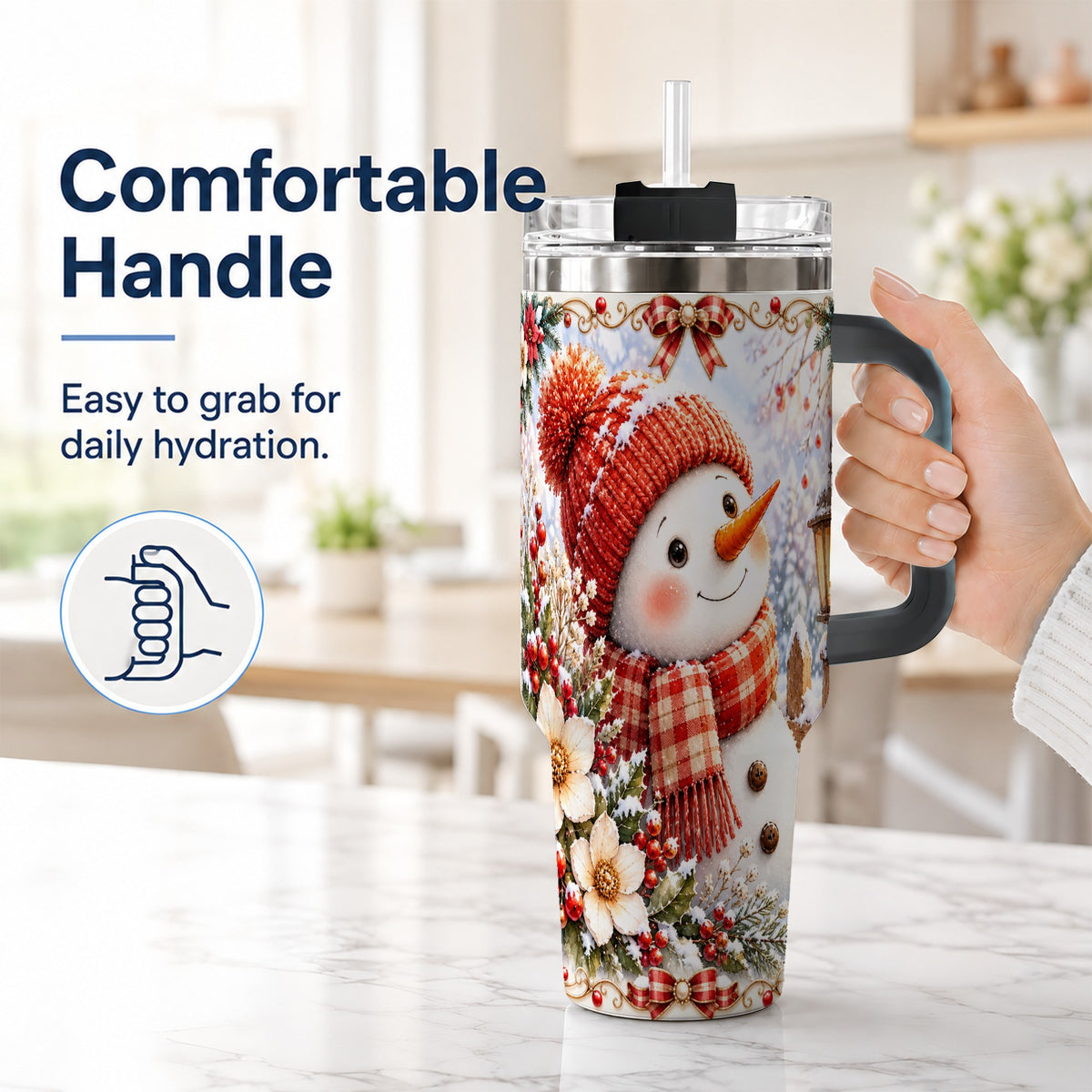 #pl[40oz|Black] Snowman 40oz Tumbler with Handle, Winter Lantern Stainless Steel Cup