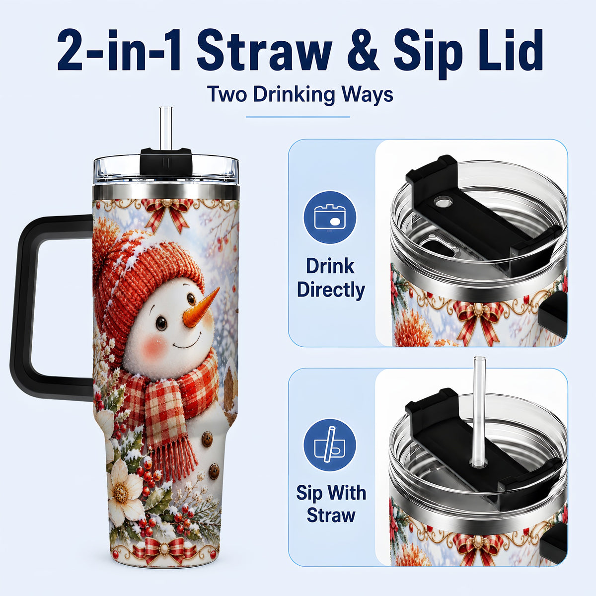 #pl[40oz|Black] Snowman 40oz Tumbler with Handle, Winter Lantern Stainless Steel Cup