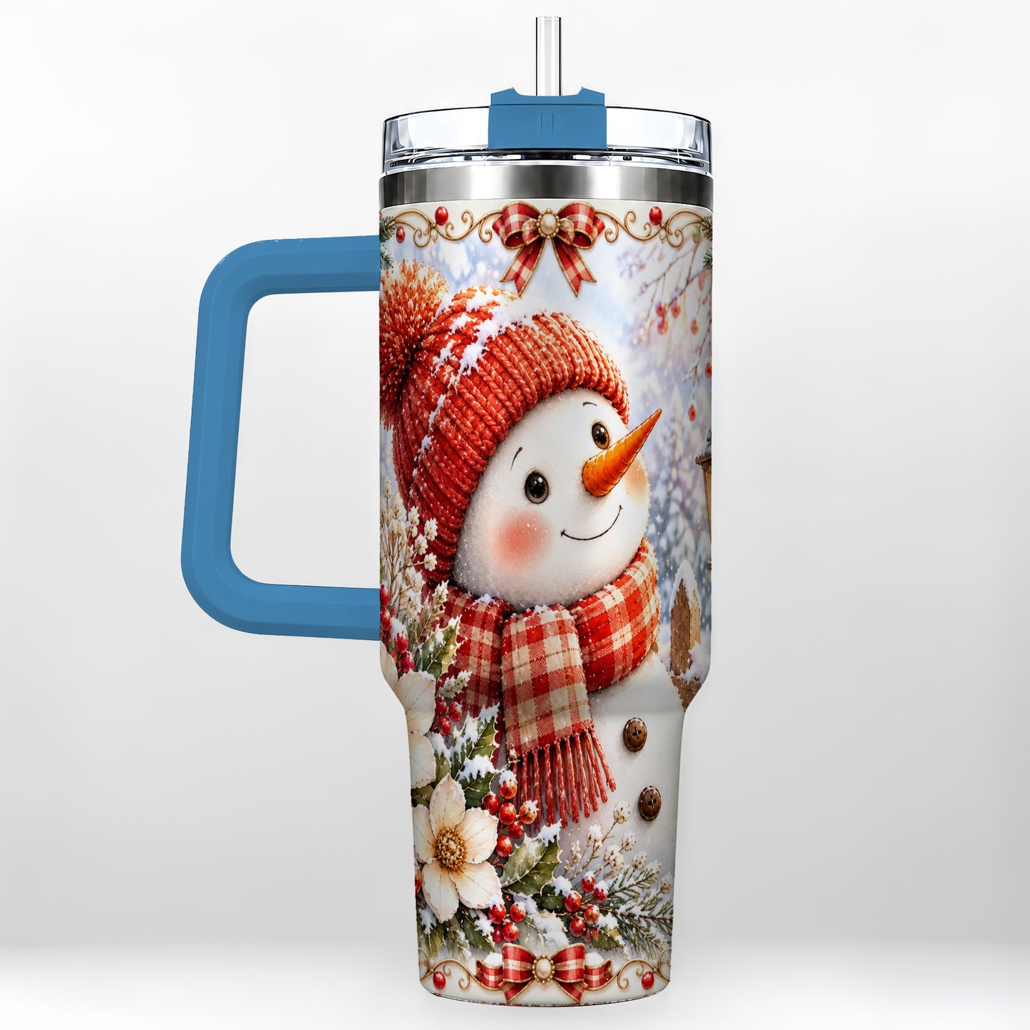 #pl[40oz|Blue] Snowman 40oz Tumbler with Handle, Winter Lantern Stainless Steel Cup