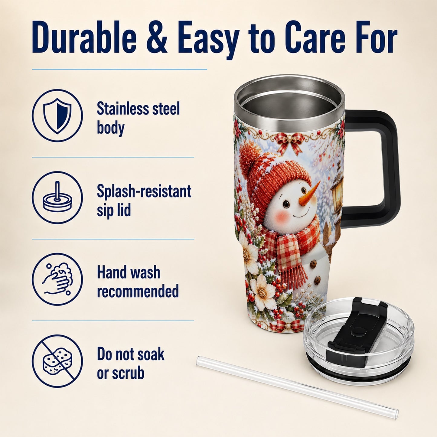 #pl[40oz|Black] Snowman 40oz Tumbler with Handle, Winter Lantern Stainless Steel Cup