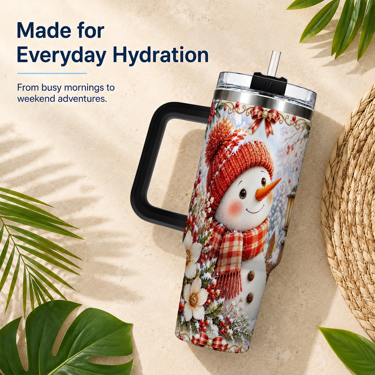 #pl[40oz|Black] Snowman 40oz Tumbler with Handle, Winter Lantern Stainless Steel Cup