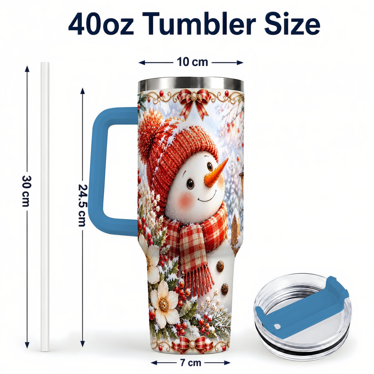 #pl[40oz|Blue] Snowman 40oz Tumbler with Handle, Winter Lantern Stainless Steel Cup