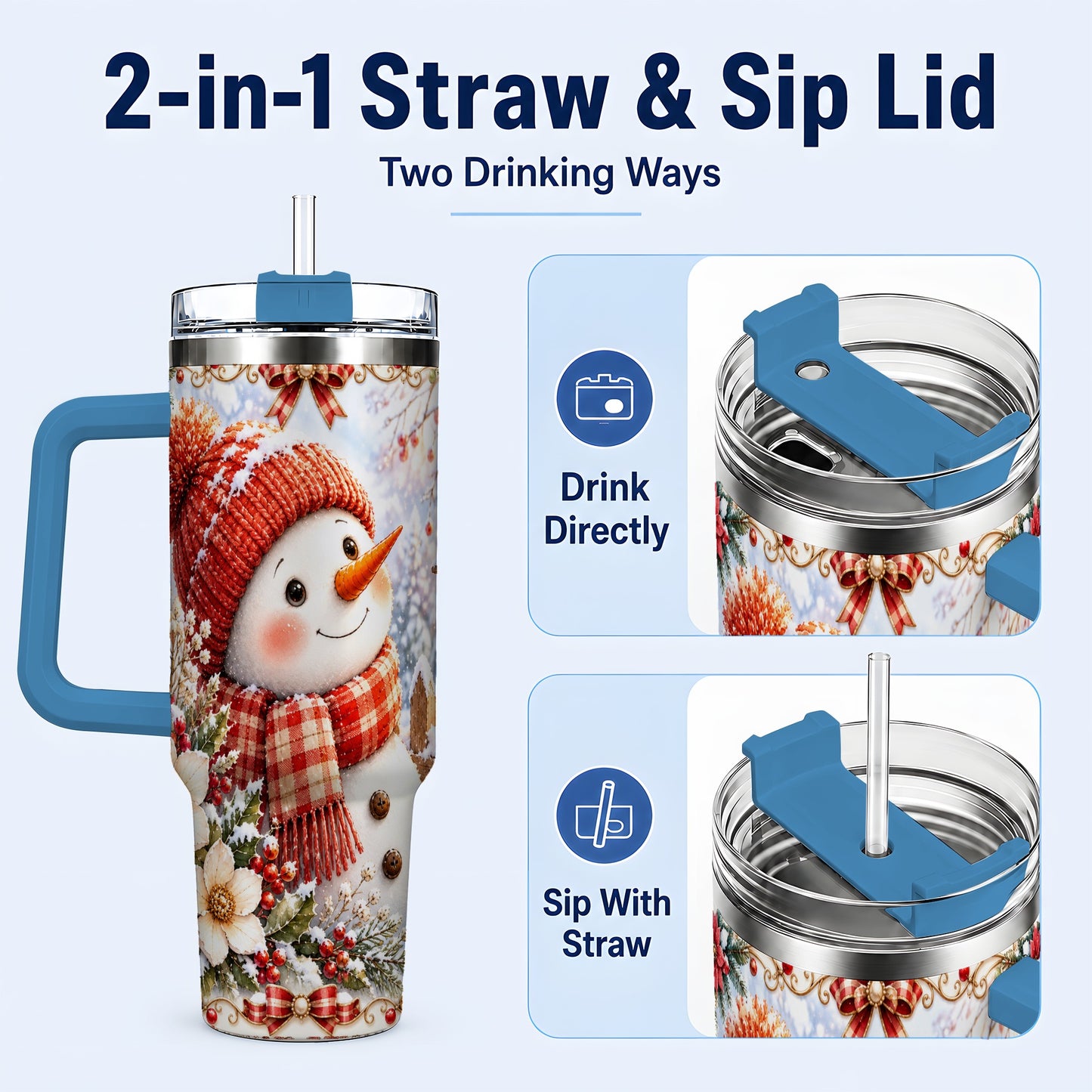 #pl[40oz|Blue] Snowman 40oz Tumbler with Handle, Winter Lantern Stainless Steel Cup
