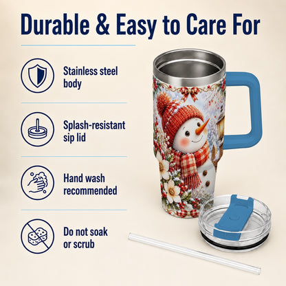 #pl[40oz|Blue] Snowman 40oz Tumbler with Handle, Winter Lantern Stainless Steel Cup