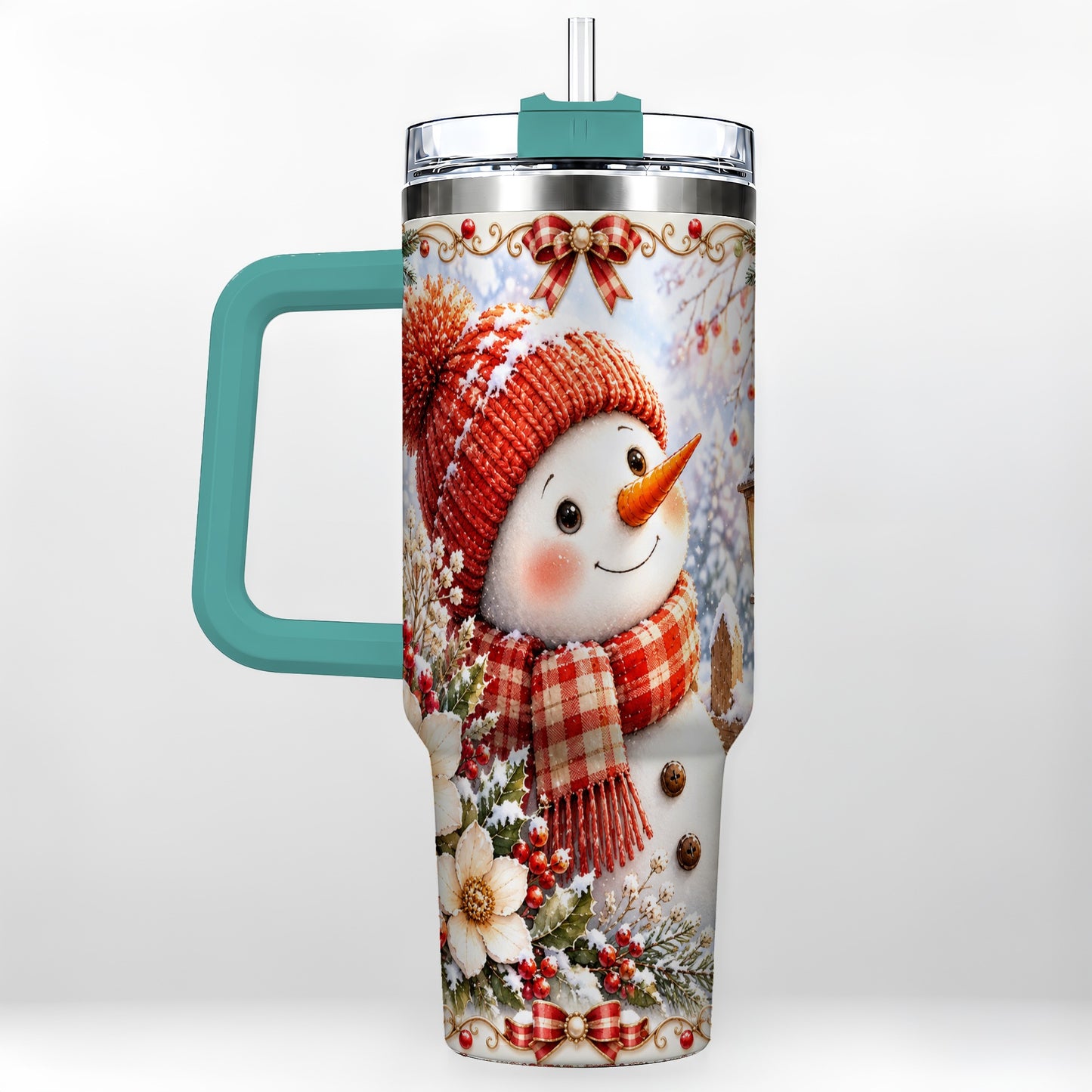 #pl[40oz|Green] Snowman 40oz Tumbler with Handle, Winter Lantern Stainless Steel Cup