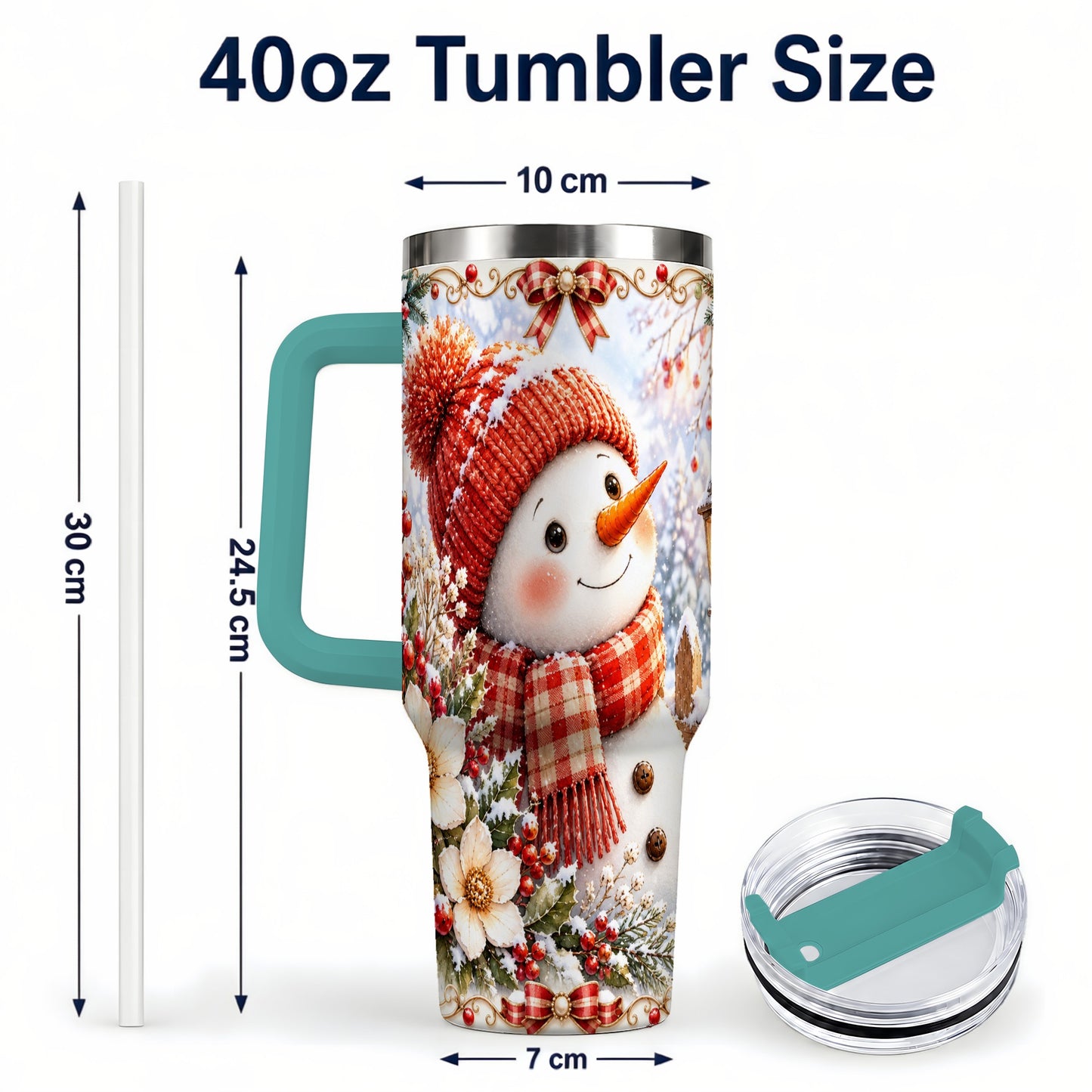 #pl[40oz|Green] Snowman 40oz Tumbler with Handle, Winter Lantern Stainless Steel Cup