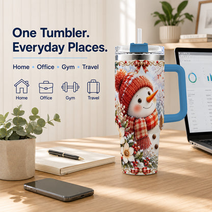 #pl[40oz|Blue] Snowman 40oz Tumbler with Handle, Winter Lantern Stainless Steel Cup