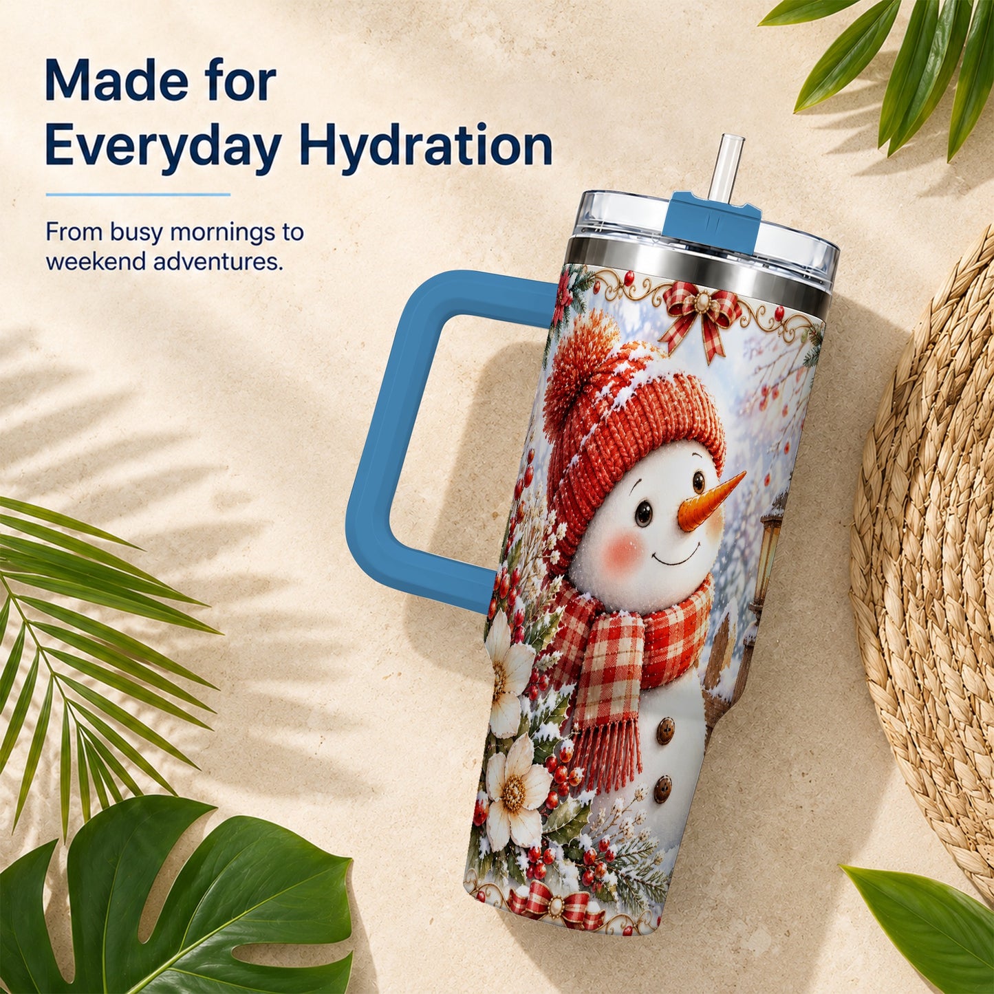 #pl[40oz|Blue] Snowman 40oz Tumbler with Handle, Winter Lantern Stainless Steel Cup