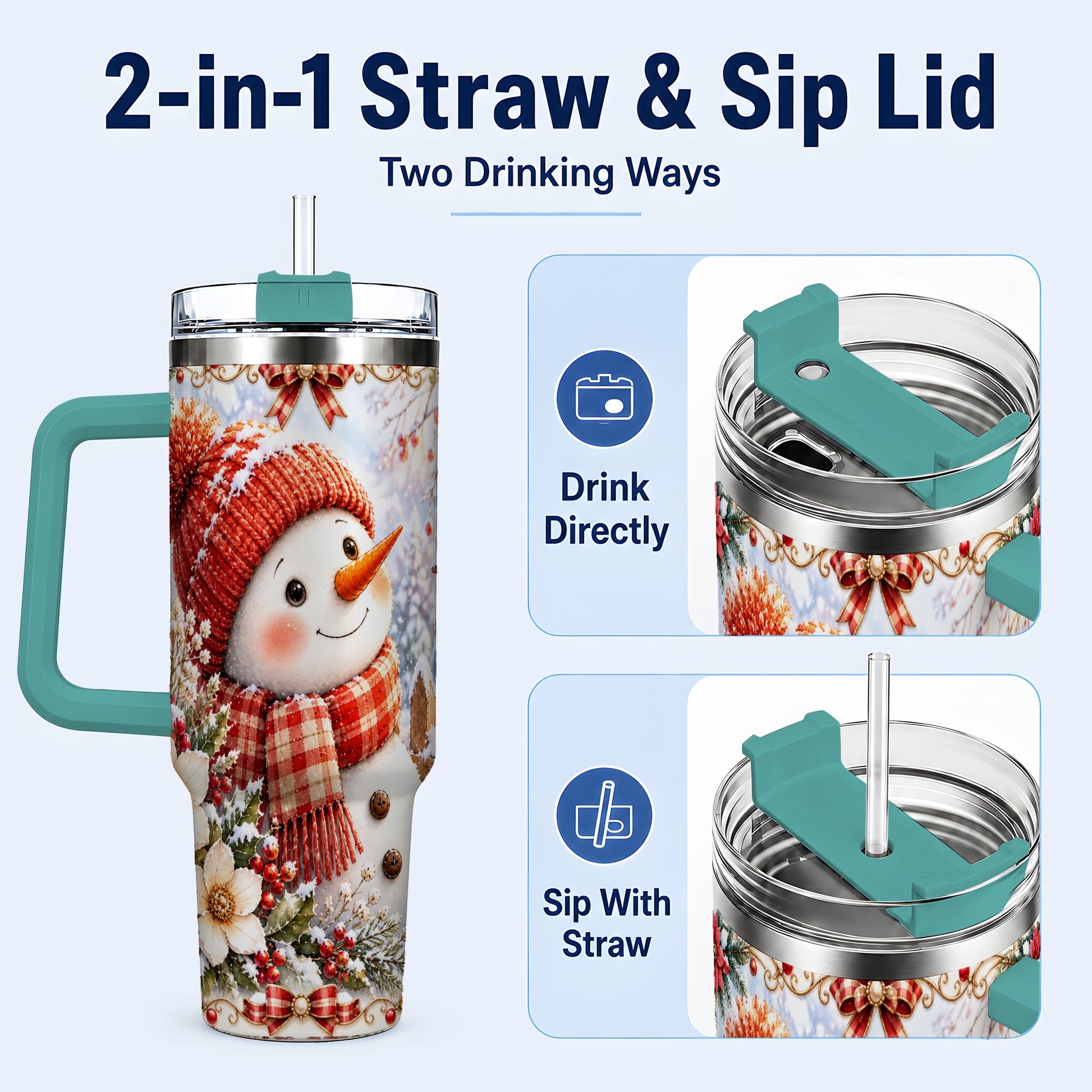 #pl[40oz|Green] Snowman 40oz Tumbler with Handle, Winter Lantern Stainless Steel Cup