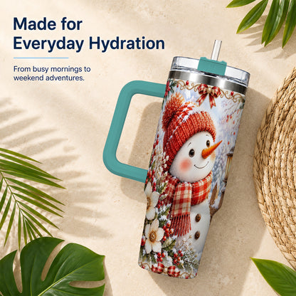#pl[40oz|Green] Snowman 40oz Tumbler with Handle, Winter Lantern Stainless Steel Cup