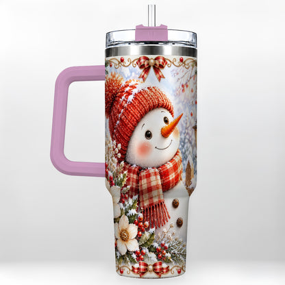 #pl[40oz|Pink] Snowman 40oz Tumbler with Handle, Winter Lantern Stainless Steel Cup