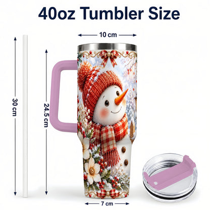 #pl[40oz|Pink] Snowman 40oz Tumbler with Handle, Winter Lantern Stainless Steel Cup