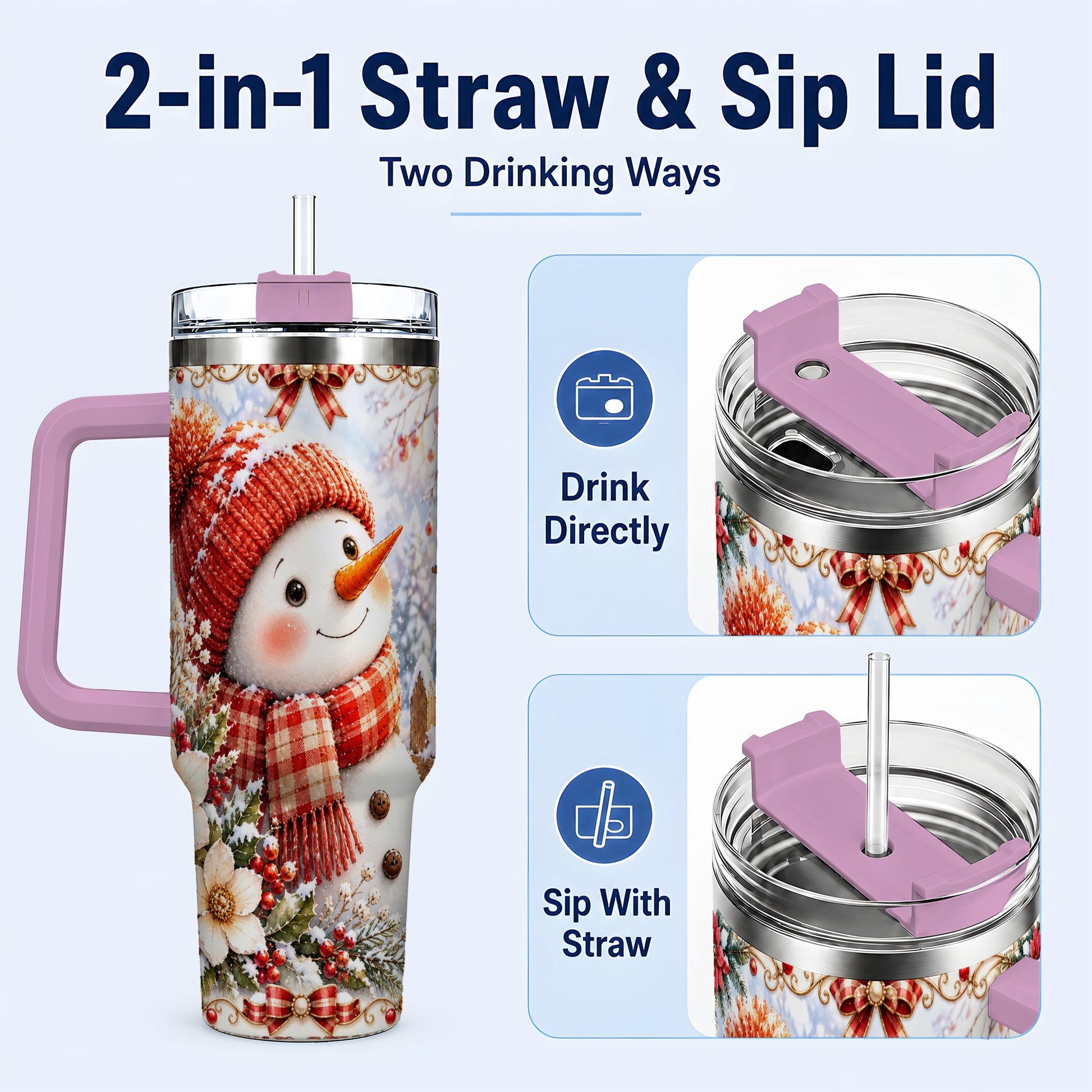 #pl[40oz|Pink] Snowman 40oz Tumbler with Handle, Winter Lantern Stainless Steel Cup