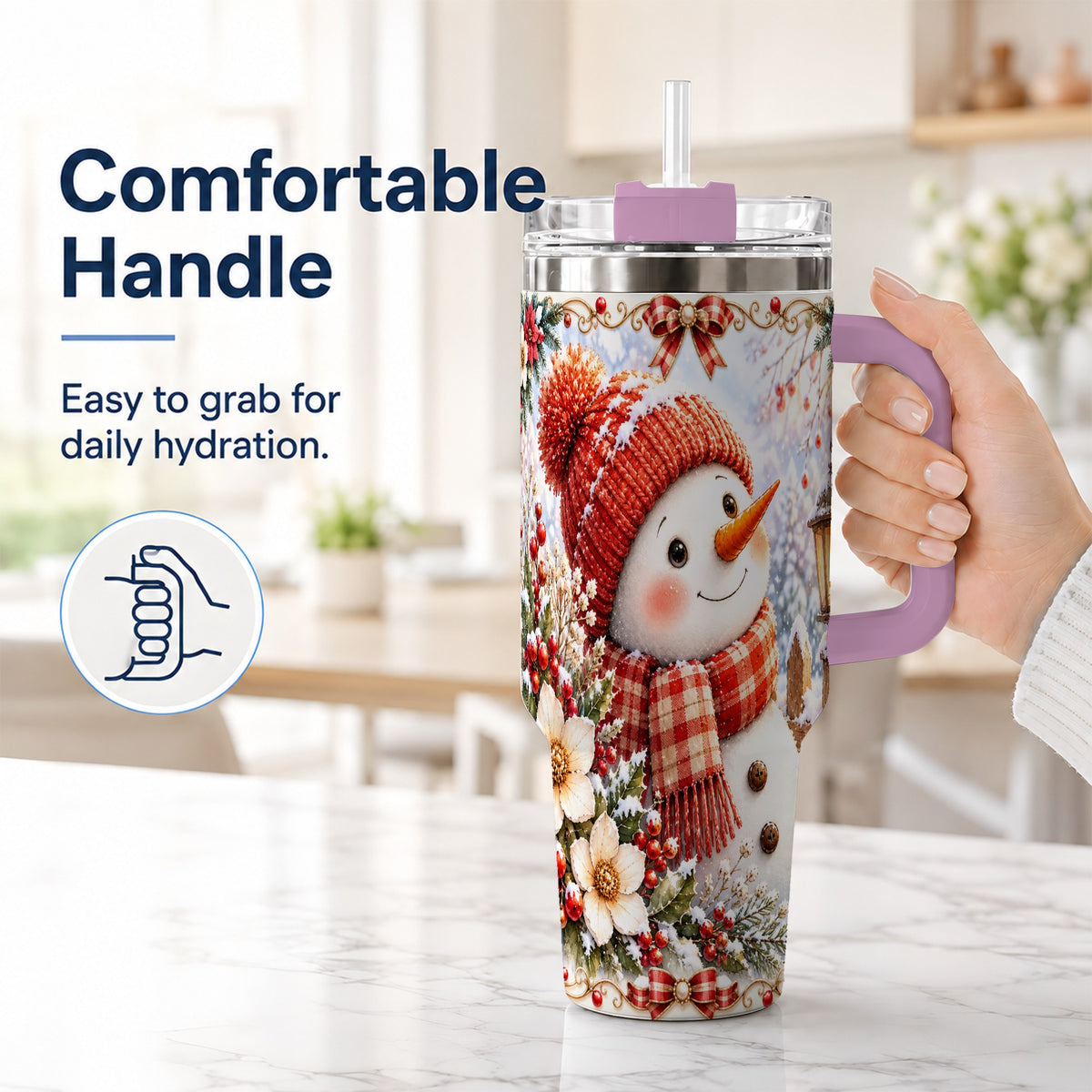 #pl[40oz|Pink] Snowman 40oz Tumbler with Handle, Winter Lantern Stainless Steel Cup