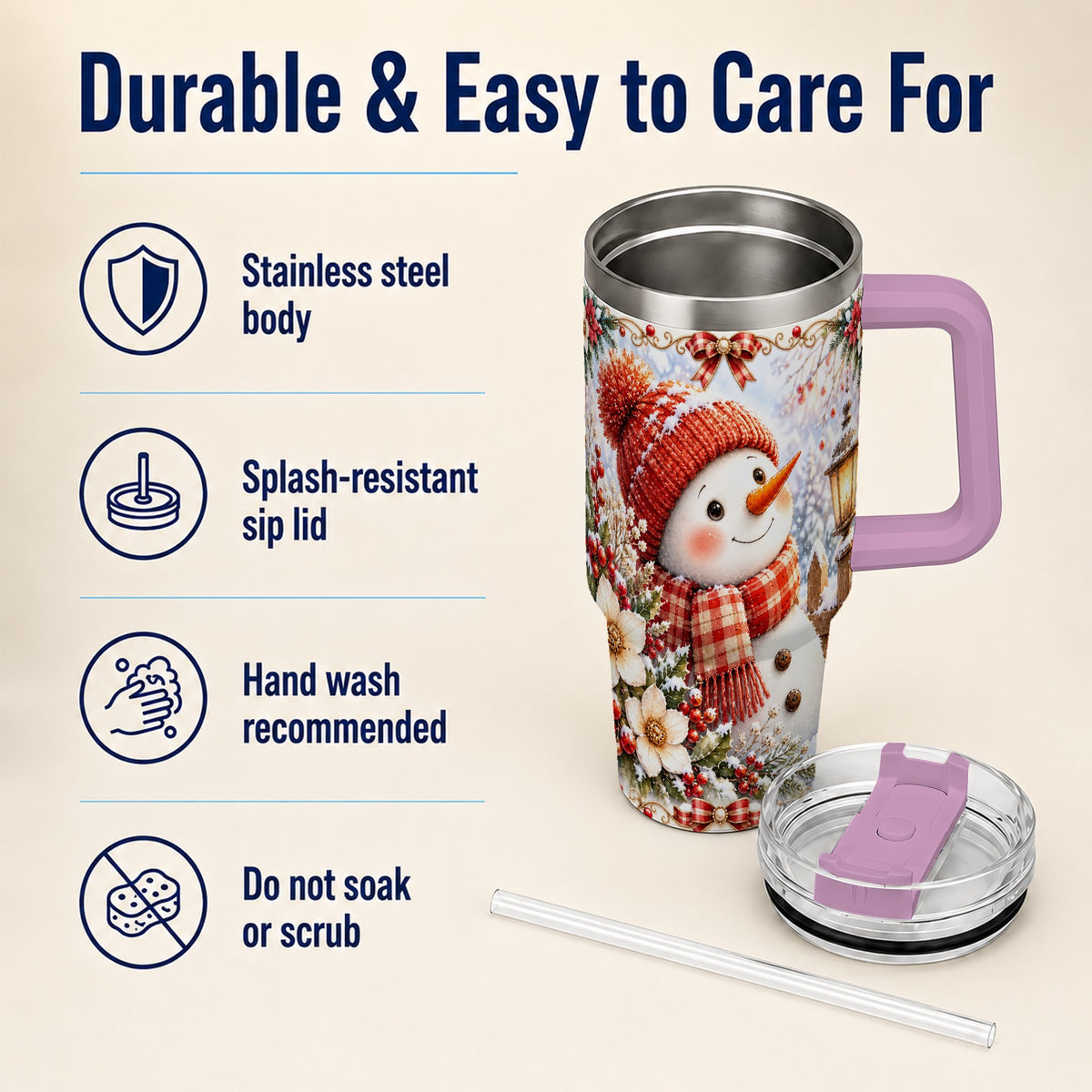 #pl[40oz|Pink] Snowman 40oz Tumbler with Handle, Winter Lantern Stainless Steel Cup
