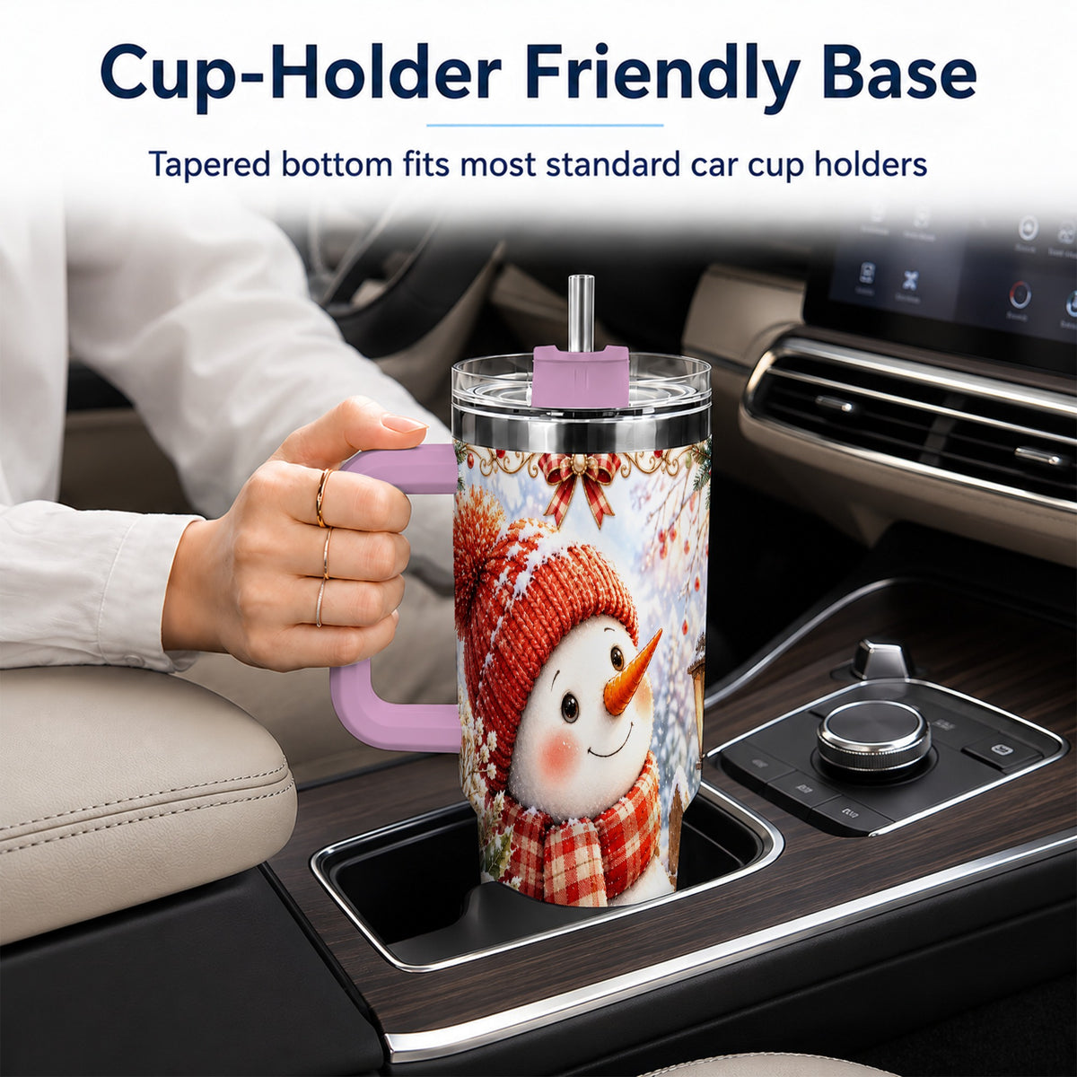 #pl[40oz|Pink] Snowman 40oz Tumbler with Handle, Winter Lantern Stainless Steel Cup