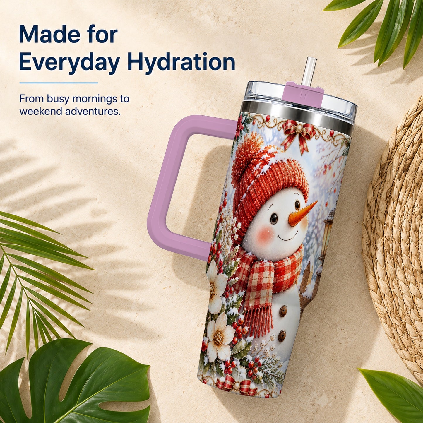#pl[40oz|Pink] Snowman 40oz Tumbler with Handle, Winter Lantern Stainless Steel Cup