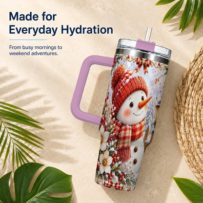 #pl[40oz|Pink] Snowman 40oz Tumbler with Handle, Winter Lantern Stainless Steel Cup