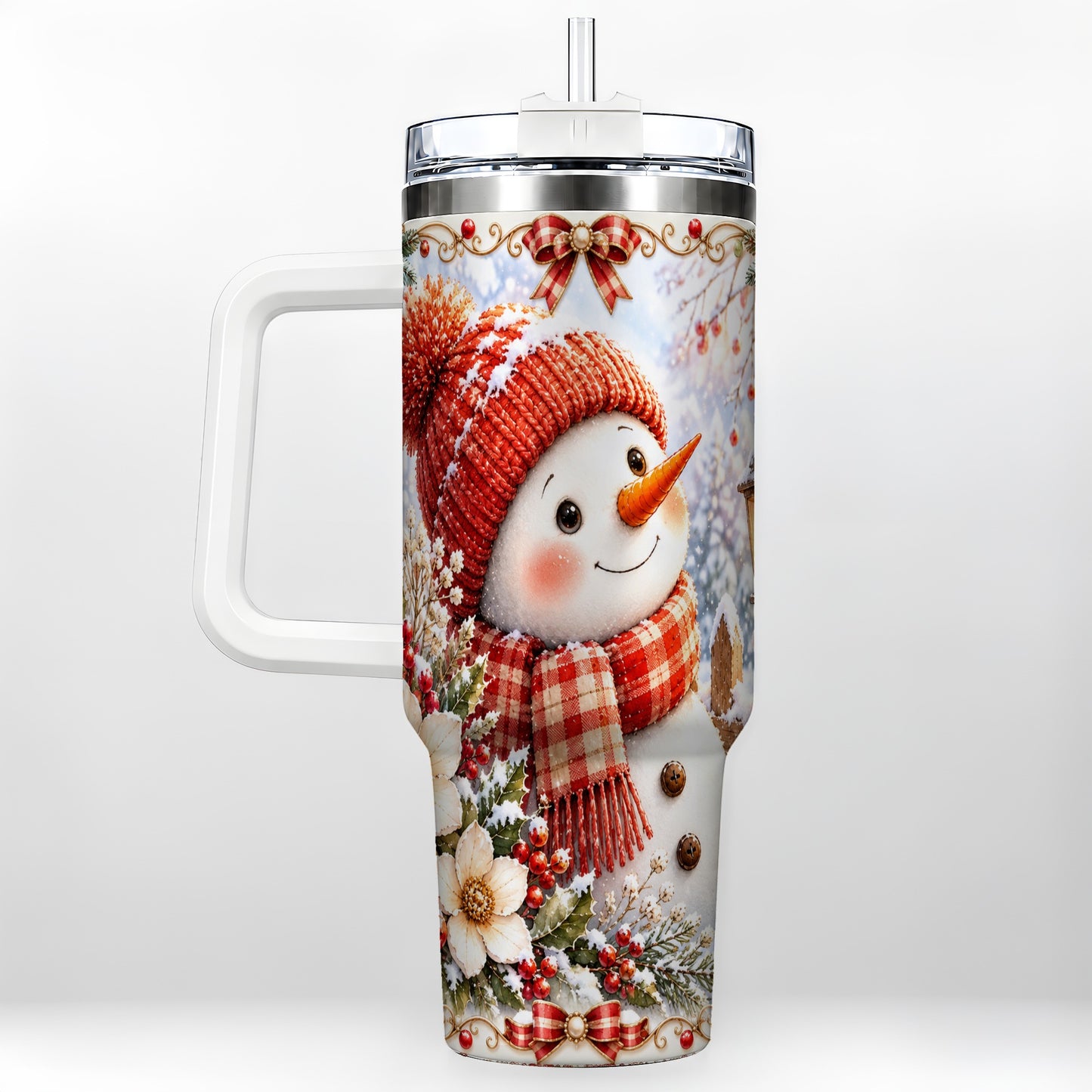 Snowman 40oz Tumbler with Handle, Winter Lantern Stainless Steel Cup