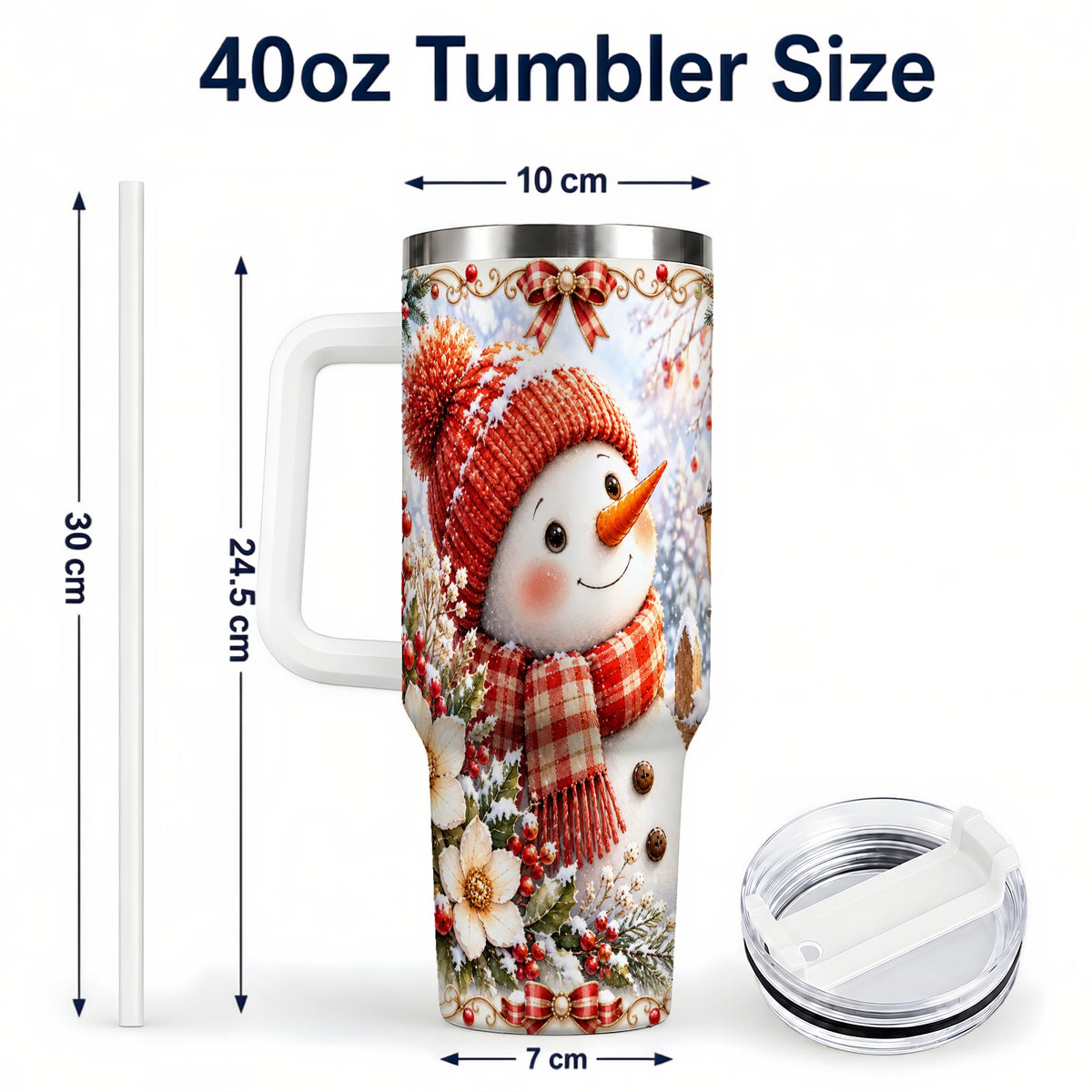 #pl[40oz|White] Snowman 40oz Tumbler with Handle, Winter Lantern Stainless Steel Cup