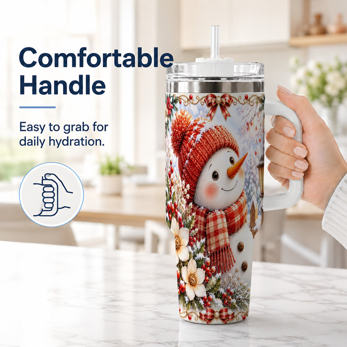 #pl[40oz|White] Snowman 40oz Tumbler with Handle, Winter Lantern Stainless Steel Cup