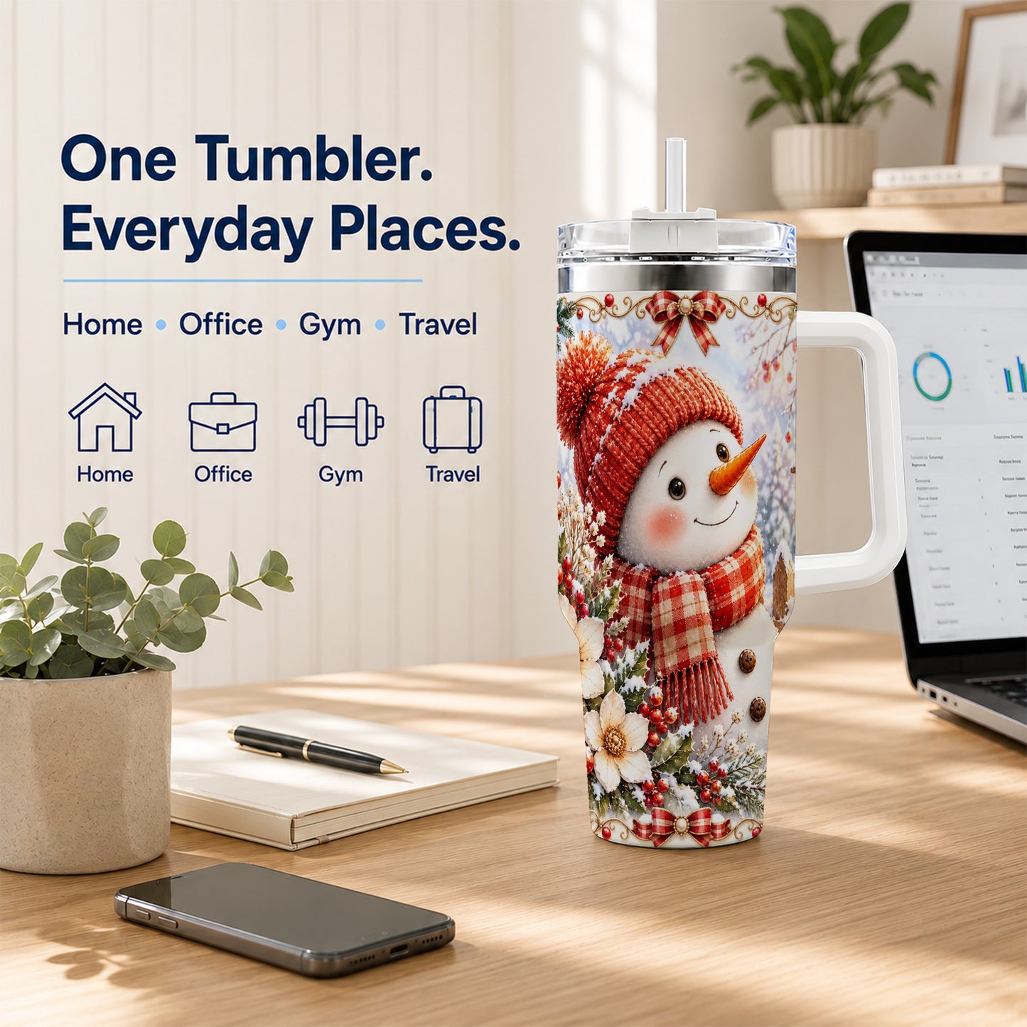 #pl[40oz|White] Snowman 40oz Tumbler with Handle, Winter Lantern Stainless Steel Cup