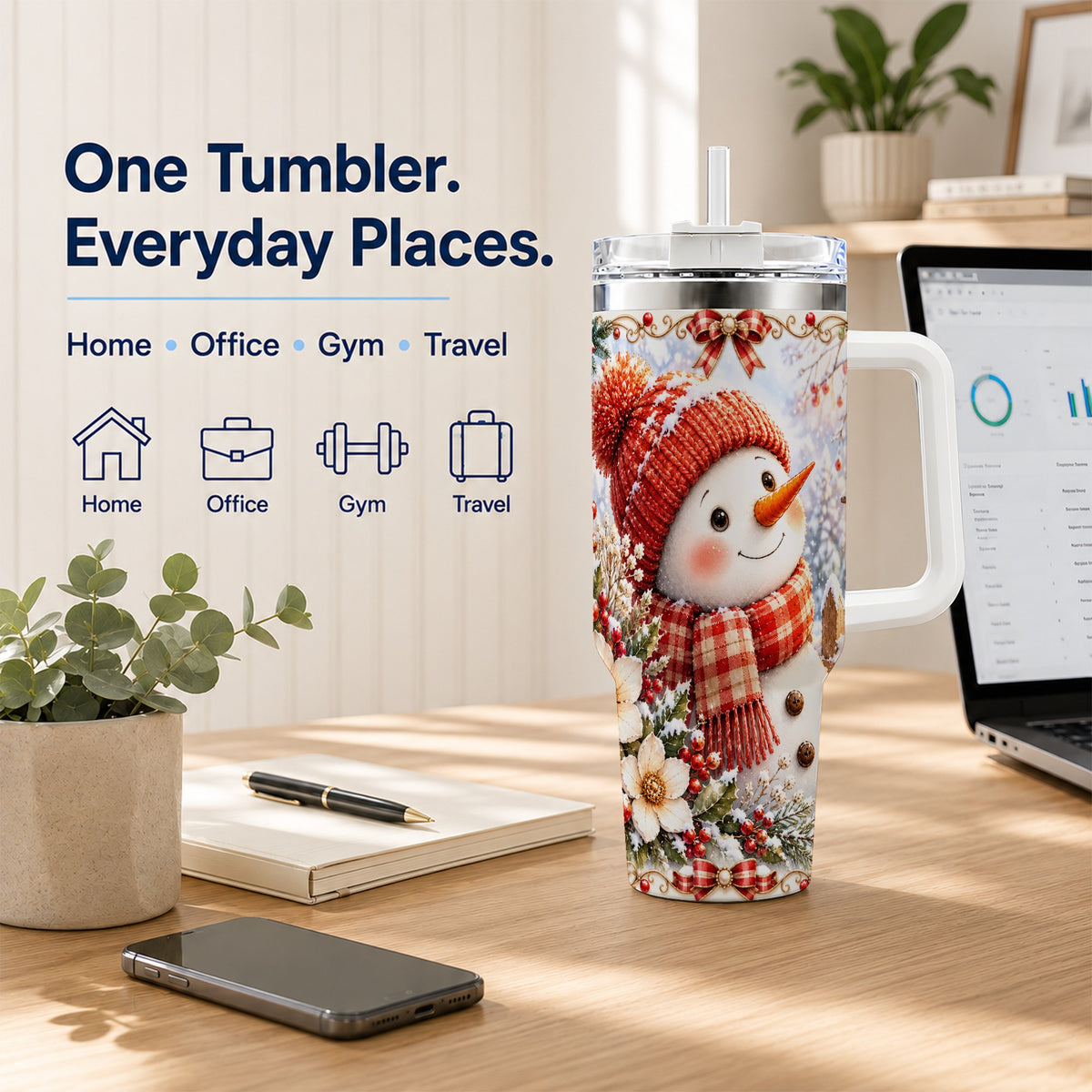 #pl[40oz|White] Snowman 40oz Tumbler with Handle, Winter Lantern Stainless Steel Cup