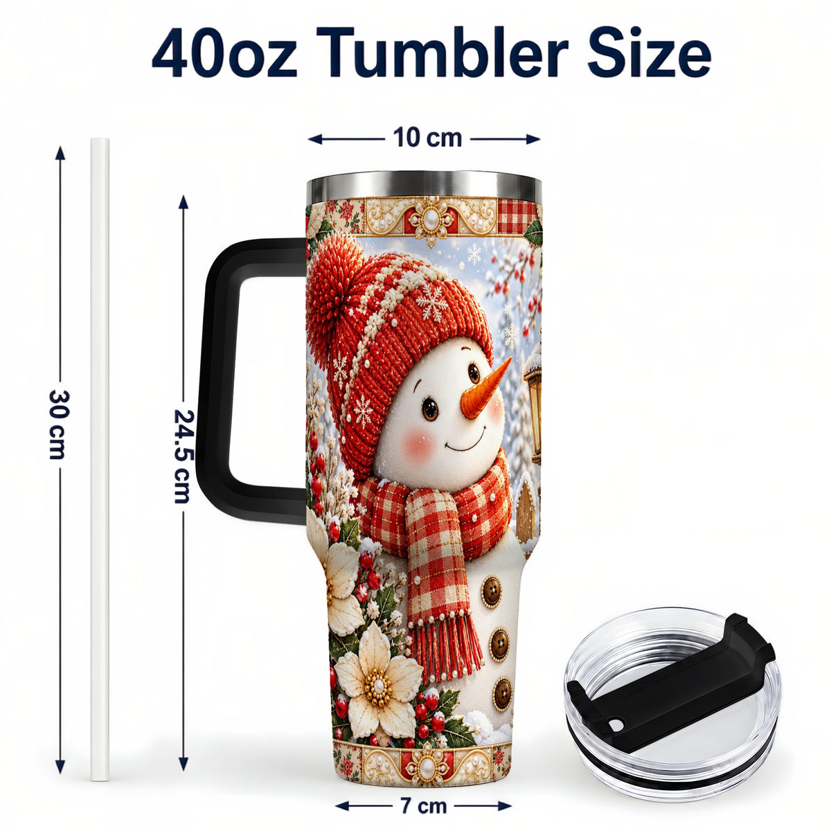 #pl[40oz|Black] Snowman 40oz Tumbler with Handle, Poinsettia Stainless Steel Cup