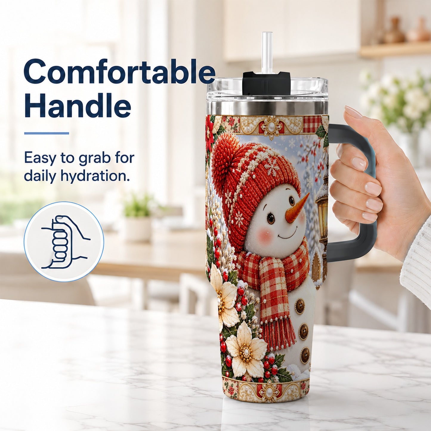 #pl[40oz|Black] Snowman 40oz Tumbler with Handle, Poinsettia Stainless Steel Cup