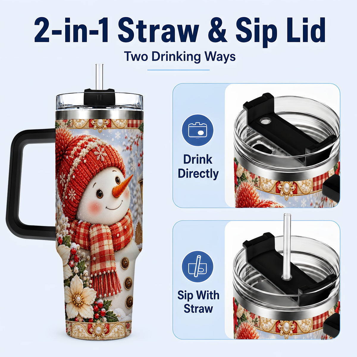 #pl[40oz|Black] Snowman 40oz Tumbler with Handle, Poinsettia Stainless Steel Cup