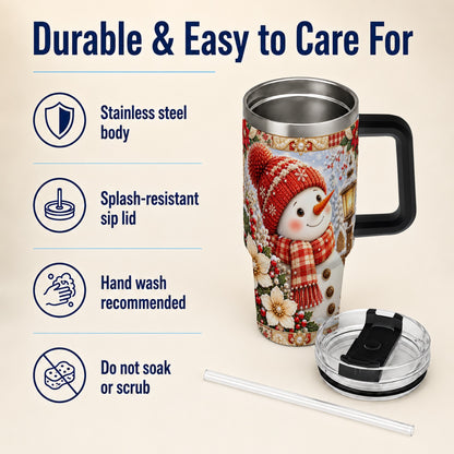 #pl[40oz|Black] Snowman 40oz Tumbler with Handle, Poinsettia Stainless Steel Cup