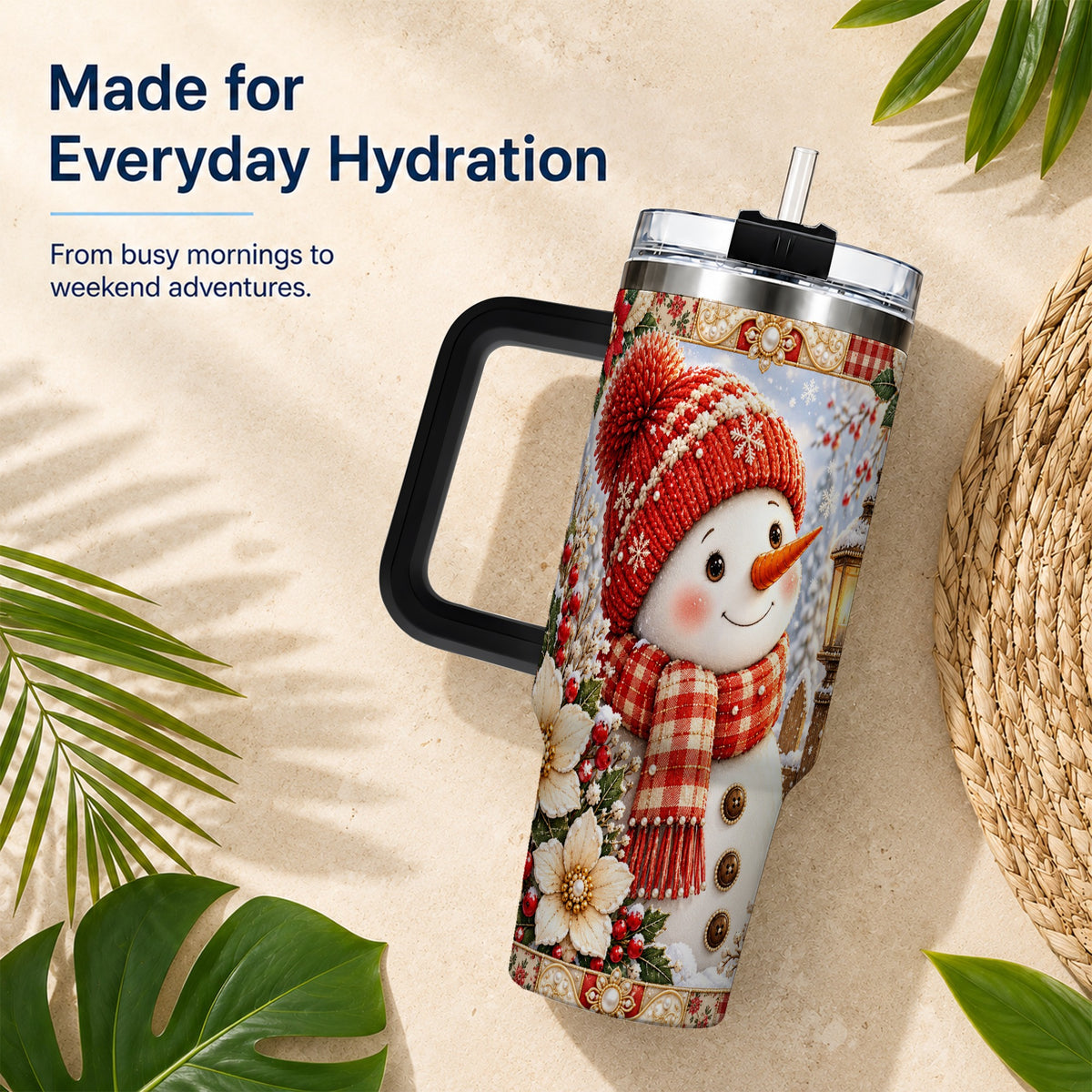 #pl[40oz|Black] Snowman 40oz Tumbler with Handle, Poinsettia Stainless Steel Cup