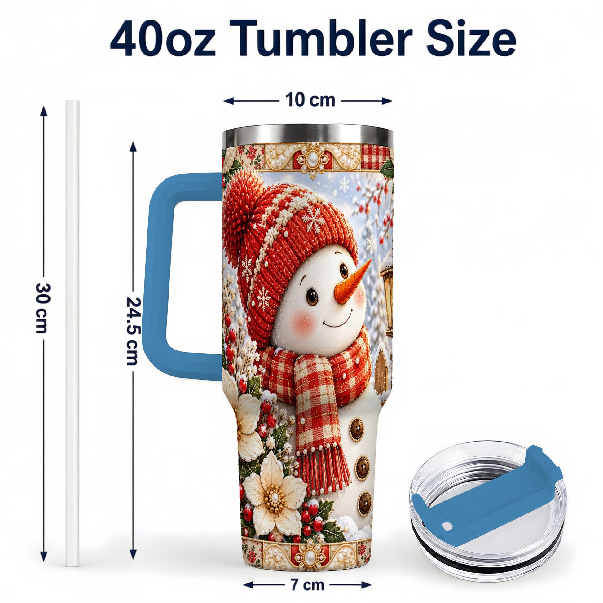 #pl[40oz|Blue] Snowman 40oz Tumbler with Handle, Poinsettia Stainless Steel Cup