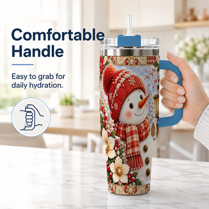 #pl[40oz|Blue] Snowman 40oz Tumbler with Handle, Poinsettia Stainless Steel Cup